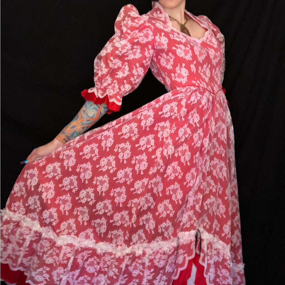Vintage 1980s Does Victorian Lace Gown – Red Taffeta Puff Sleeve Dress, S/M